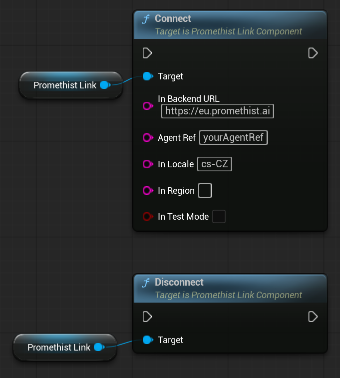 Blueprint graph showing the Connect and Disconnect function nodes