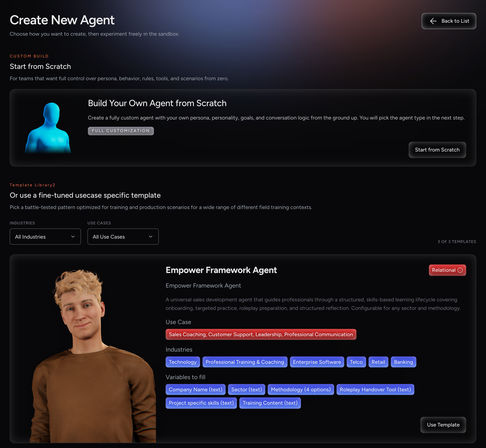 Create New Agent page with the Start from Scratch card
