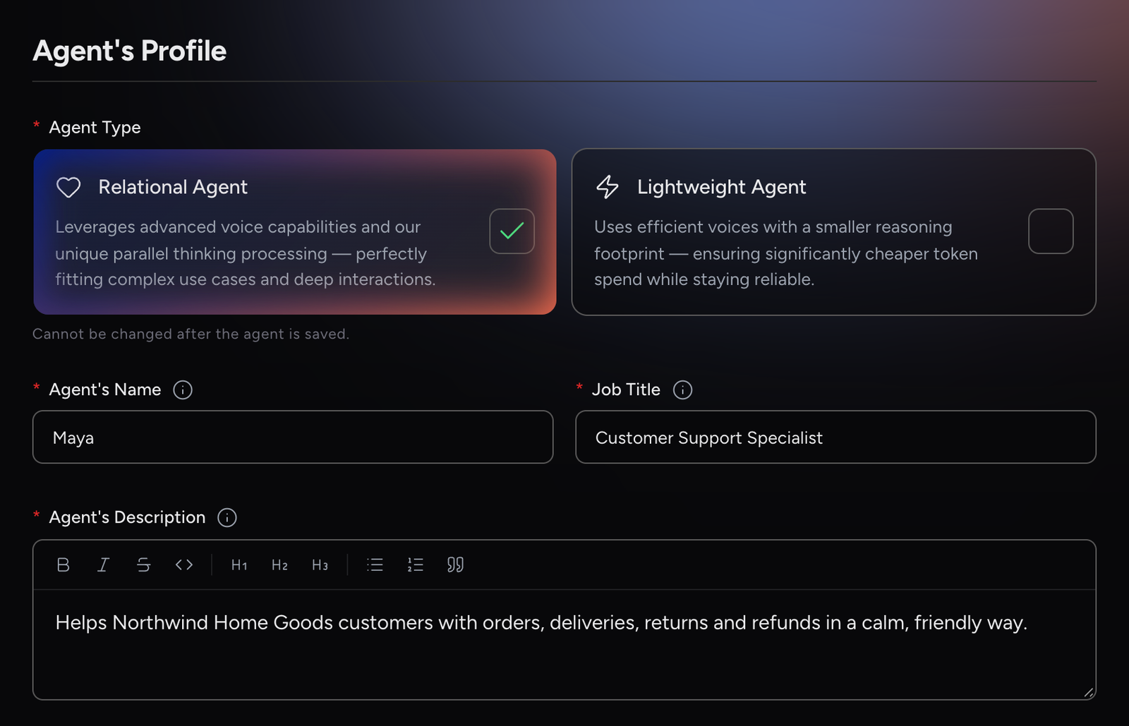 Agent’s Profile of a new agent with Relational Agent selected and Name