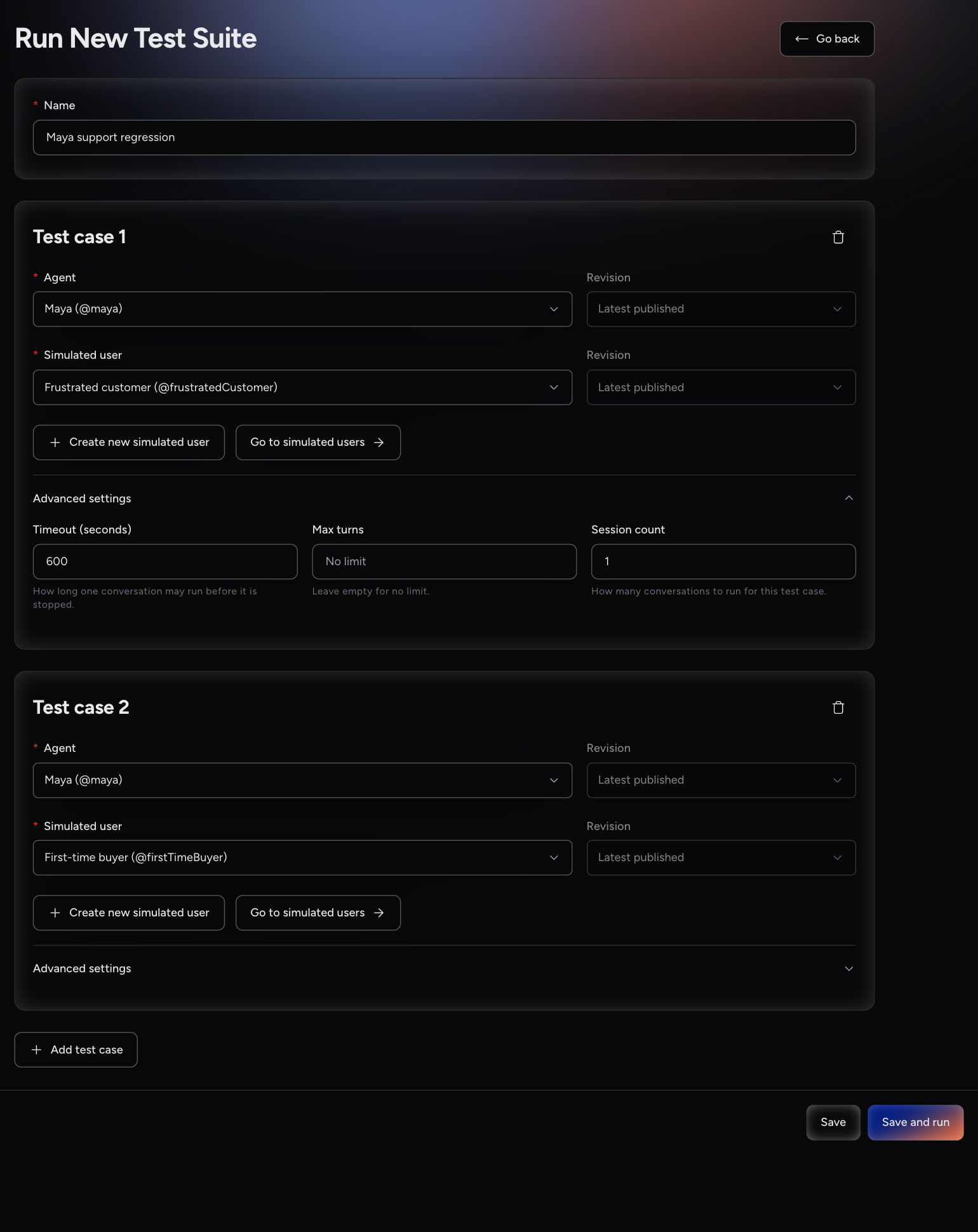 Run New Test Suite form with two test cases and Advanced settings expanded on the first