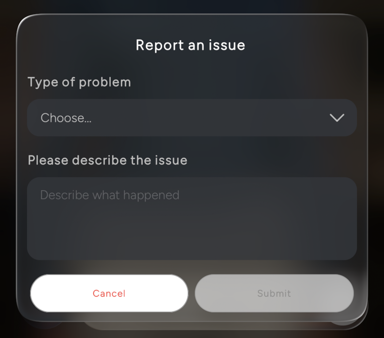 The Report an issue dialog with Type of problem