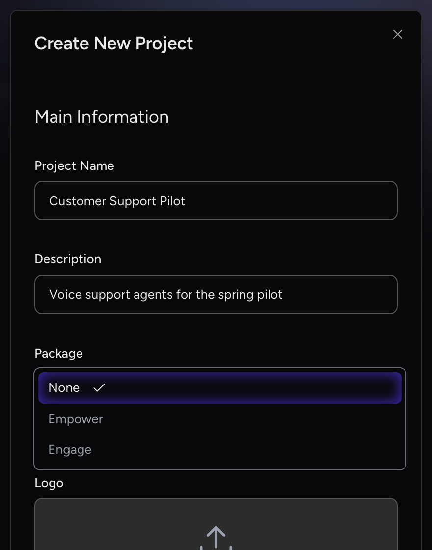 Create New Project dialog with the Package dropdown open