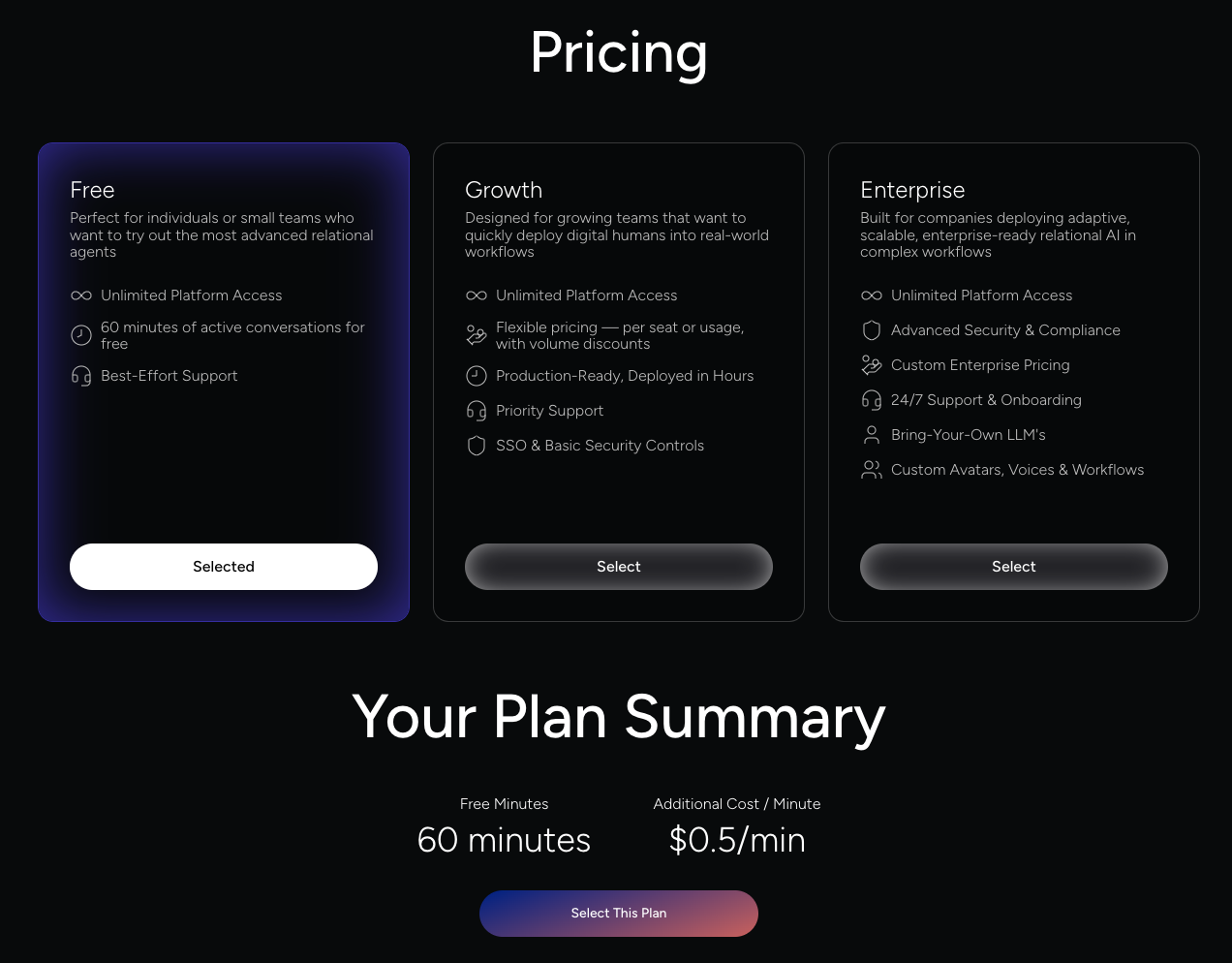 Pricing overview with Free, Growth, and Enterprise cards