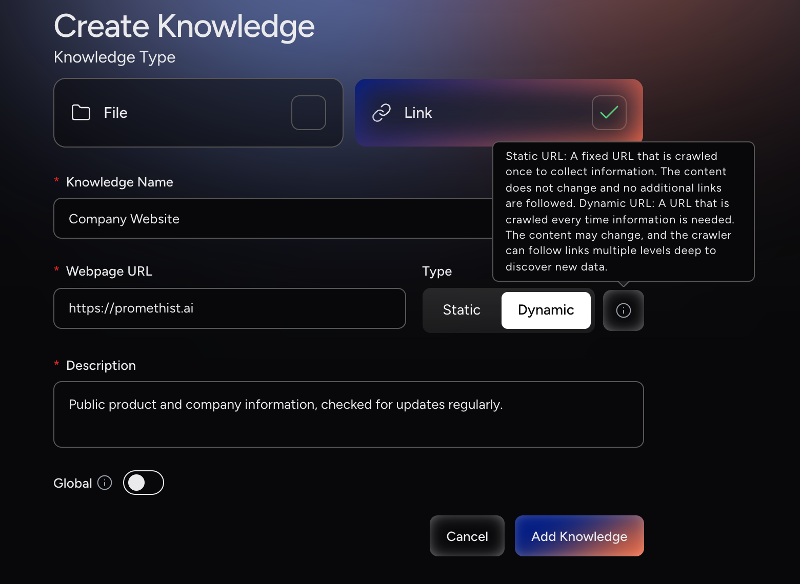 Create Knowledge page with Link selected