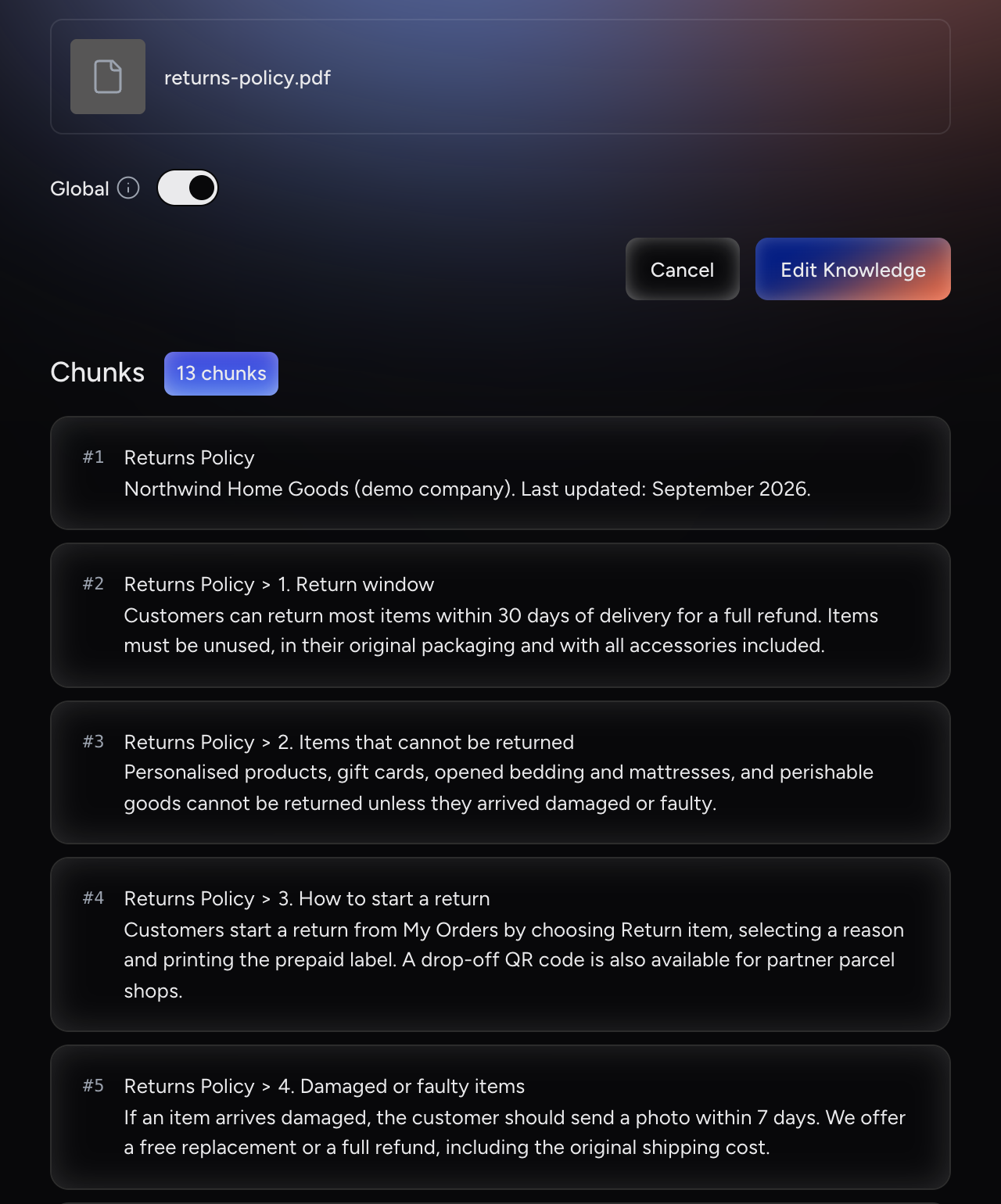 Edit Knowledge page of a PDF knowledge item scrolled to the Chunks section