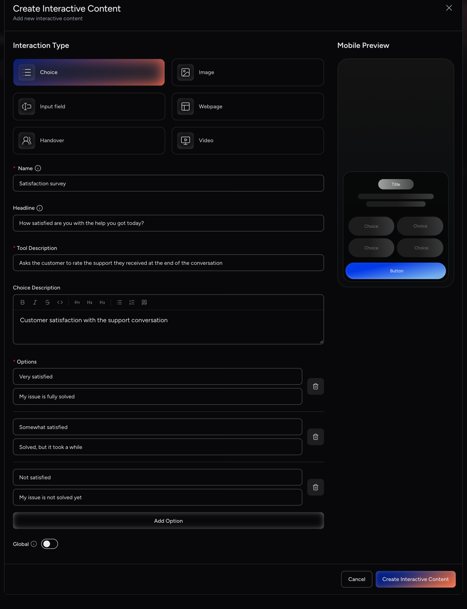 Create Interactive Content dialog for a Choice with three options and the mobile preview