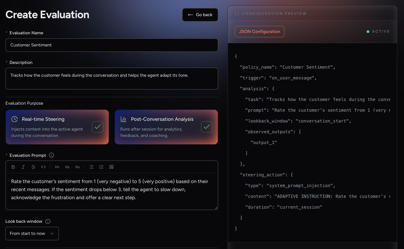 Top of the Create Evaluation form with both Evaluation Purpose cards selected and the Look back window