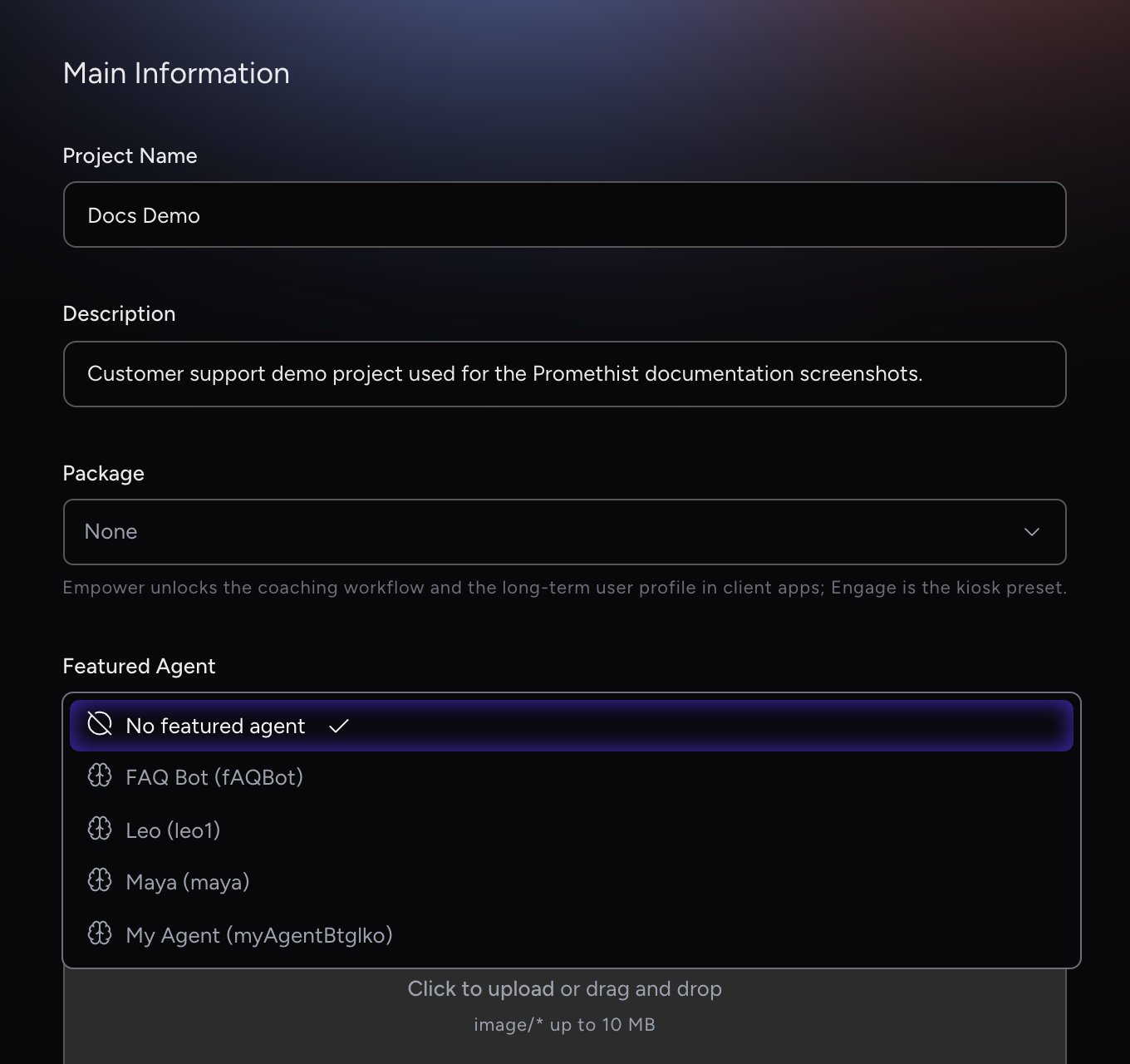 Project Settings with the Featured Agent dropdown open